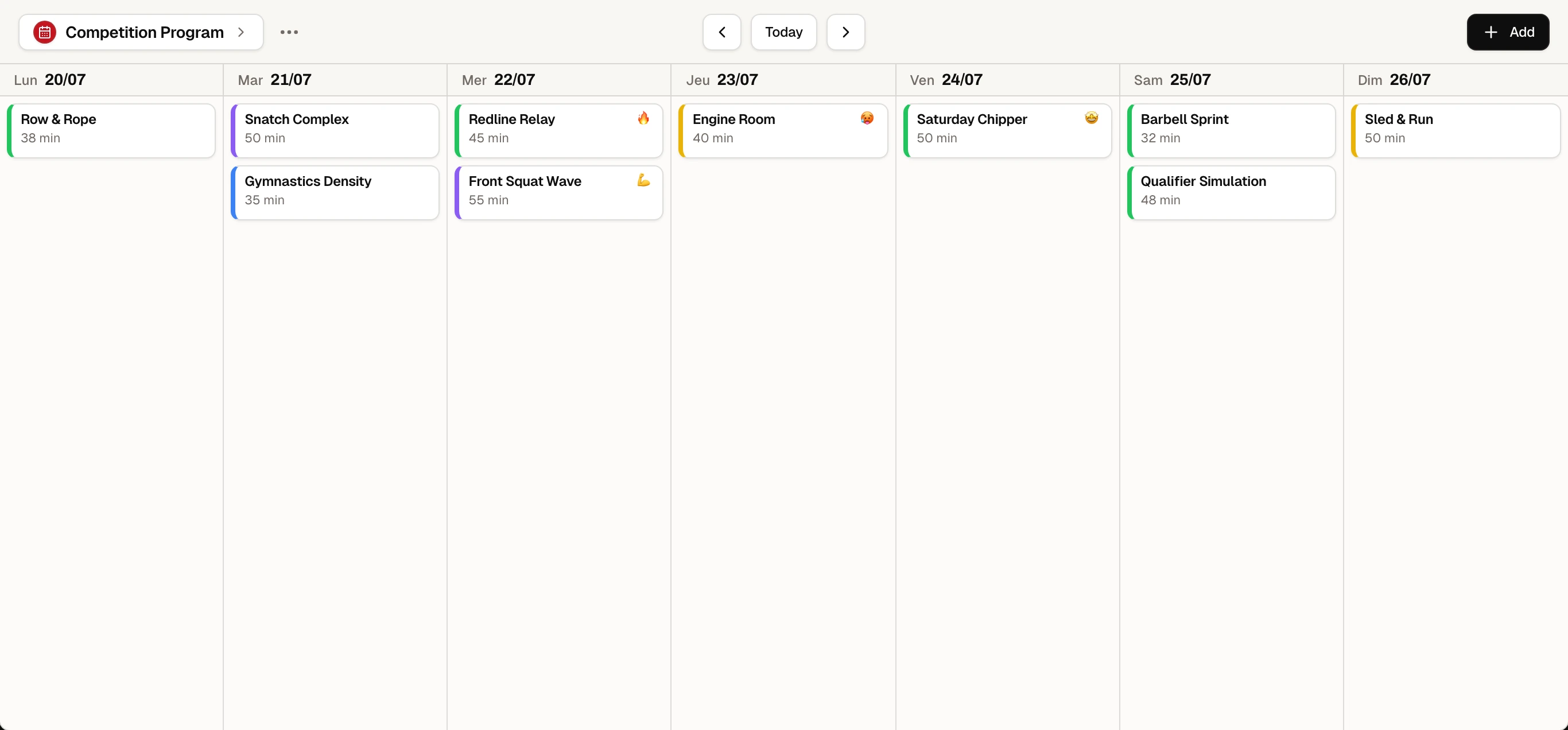 Le Planning Wodzilla avec des workouts ordonnés, un Cycle de programmation et un calendrier continu
