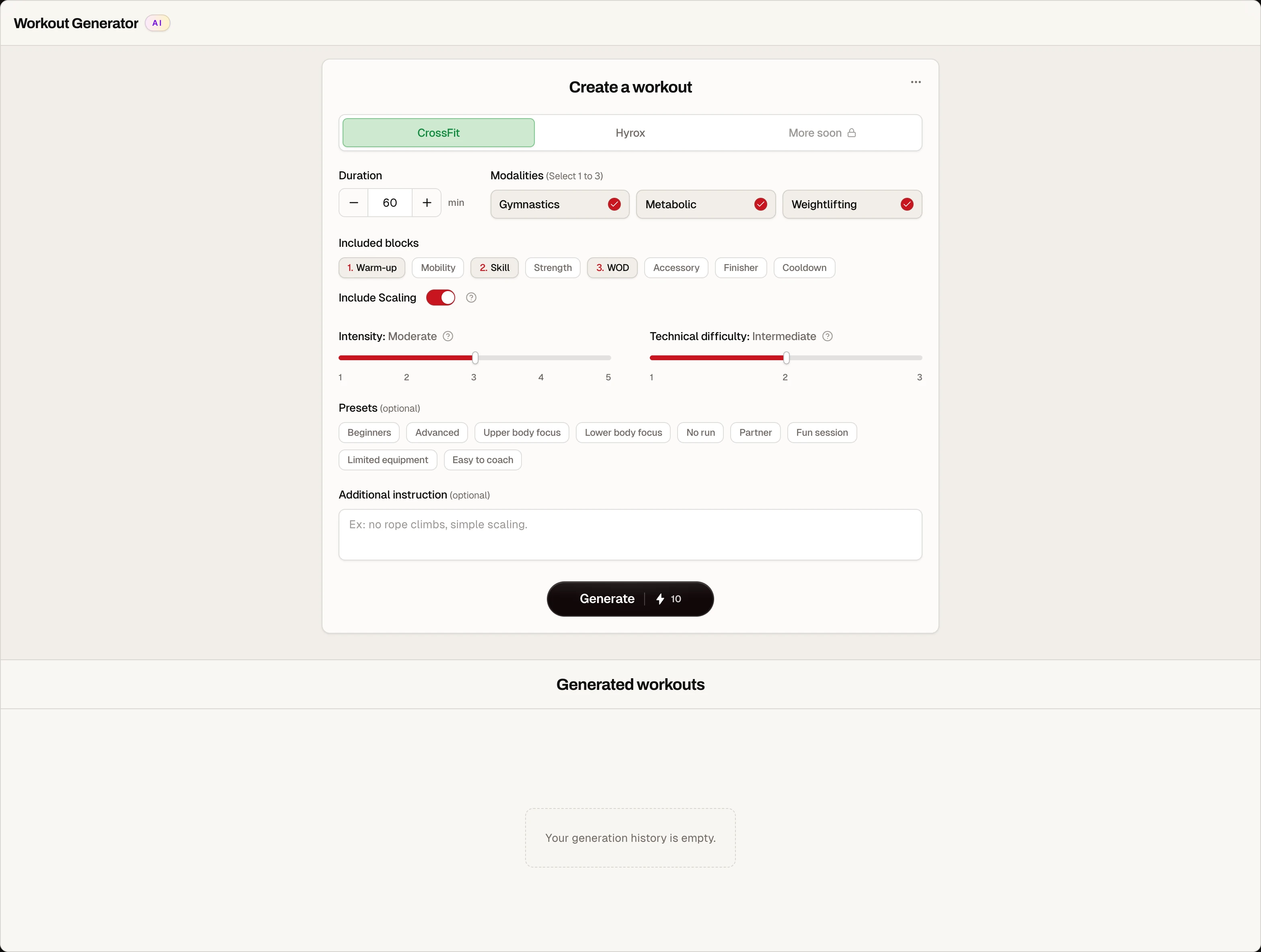 The CrossFit workout generator in Wodzilla Pro