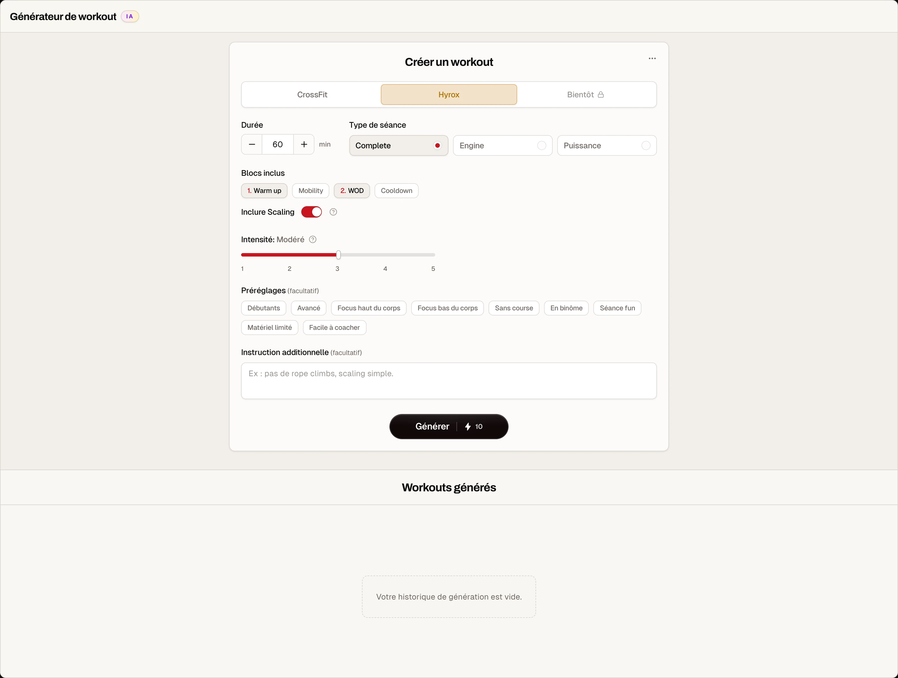 Le générateur de workouts HYROX dans Wodzilla Pro