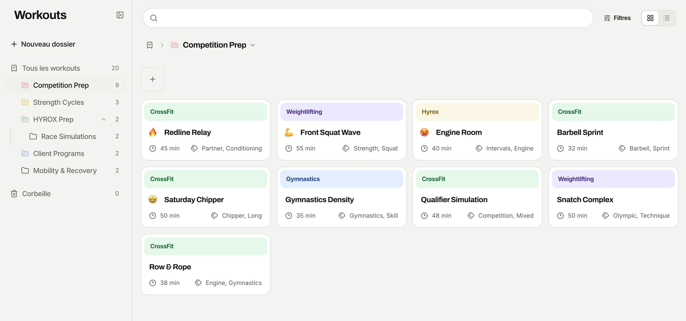 La page Workouts de Wodzilla avec dossiers, épingles, filtres et cards de workouts